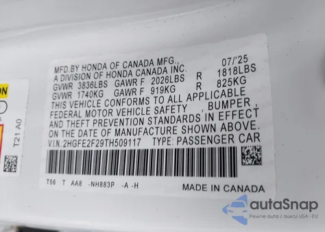 2026 Honda Civic Lx z USA, uszkodzony, nr VIN 2HGFE2F29TH509117